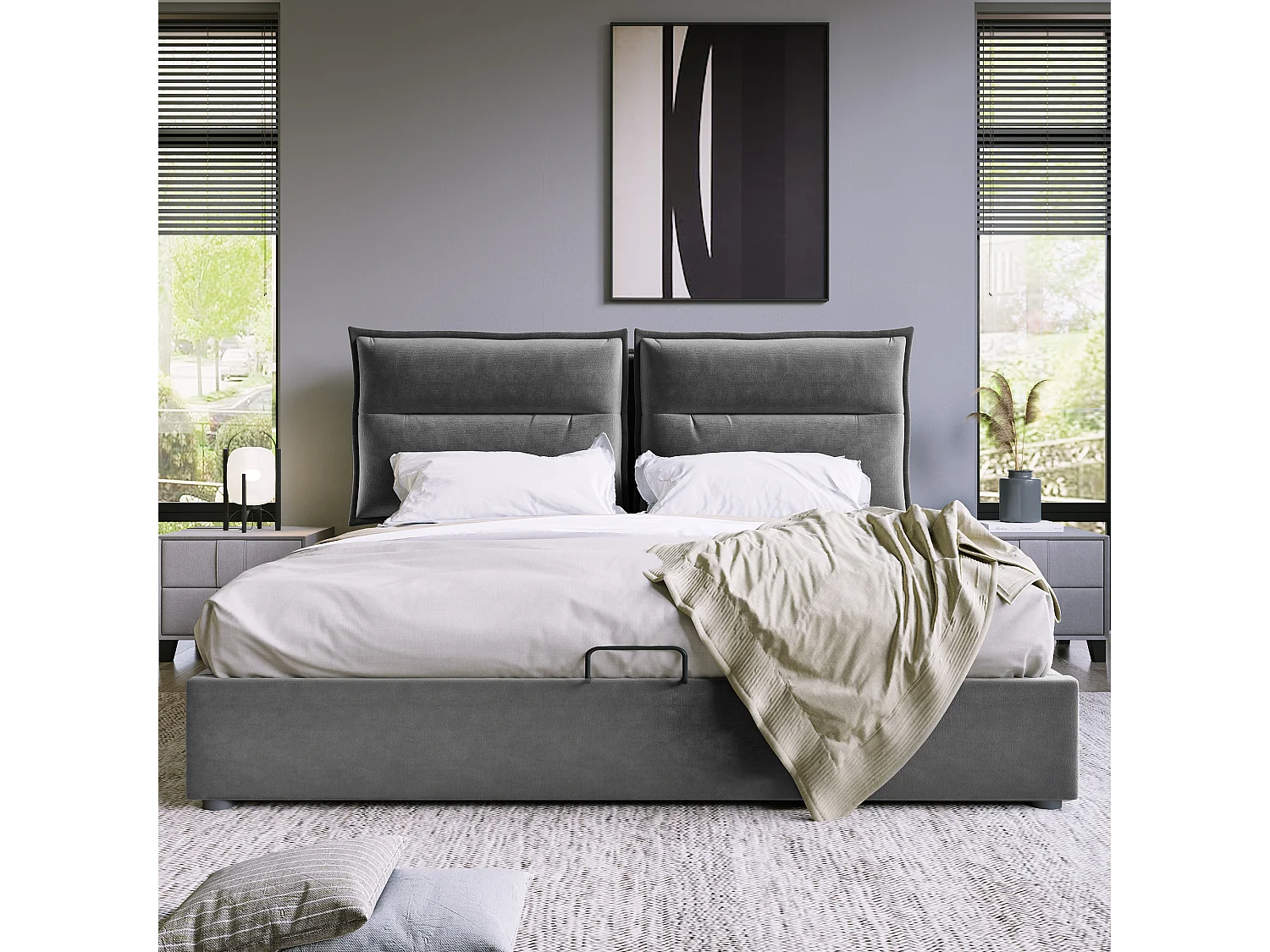 Fluweel gewatteerd opbergbed 140x200cm met verstelbaar hoofdeinde en lattenbodem - Grijs