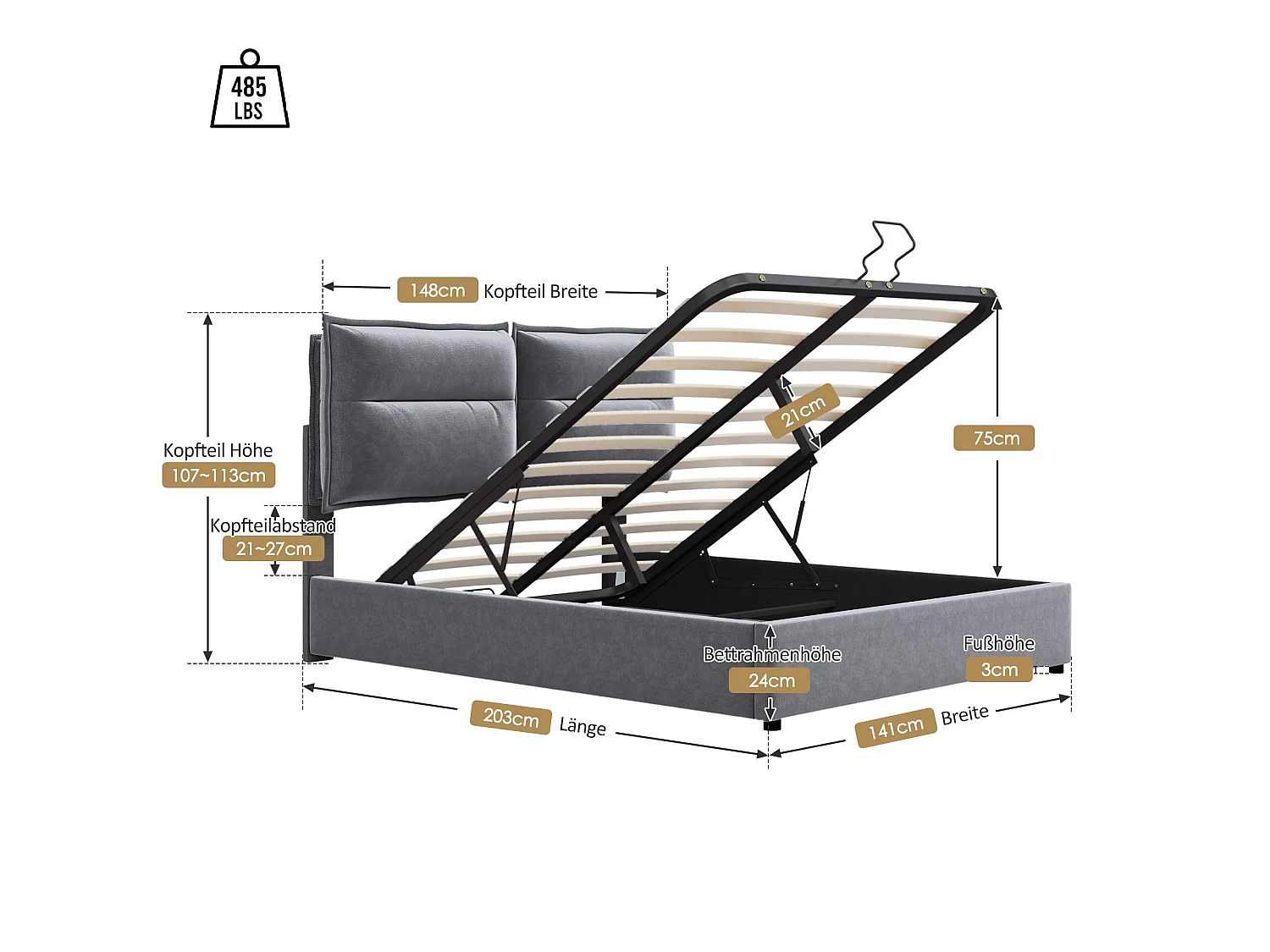 Fluweel gewatteerd opbergbed 140x200cm met verstelbaar hoofdeinde en lattenbodem - Grijs