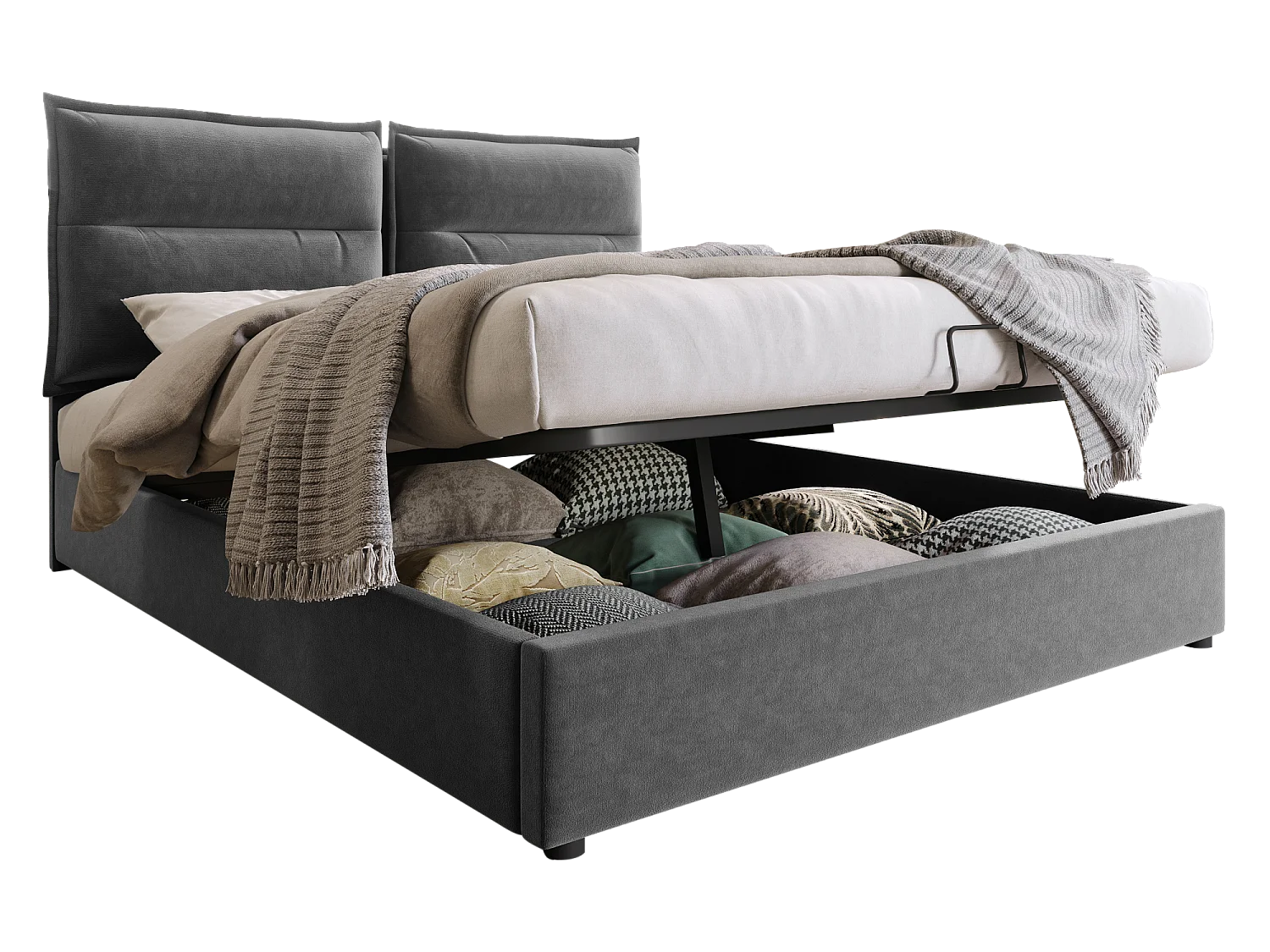 Samtgepolstertes Stauraumbett 140 x 200 cm mit verstellbarem Kopfteil und Lattenrost – Grau