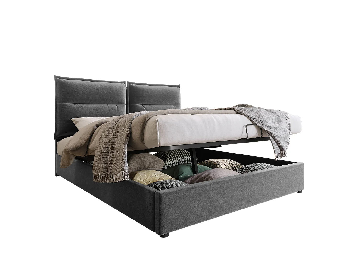 Fluweel gewatteerd opbergbed 140x200cm met verstelbaar hoofdeinde en lattenbodem - Grijs
