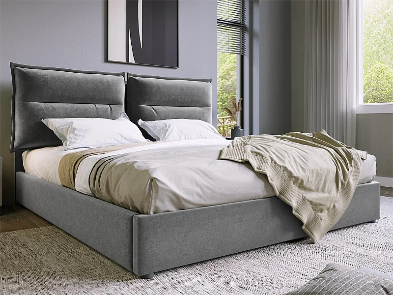 Lit coffre rembourré en velours 140x200cm avec tête de lit réglable et sommier à lattes - Gris
