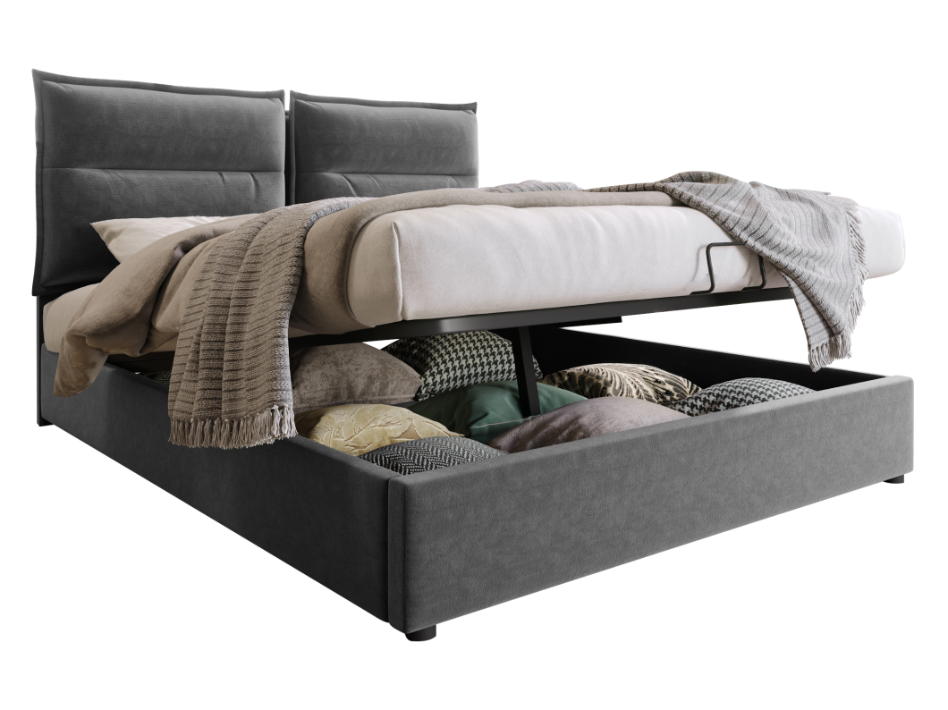 Letto contenitore imbottito in velluto 140x200 cm con testiera regolabile e rete a doghe - Grigio