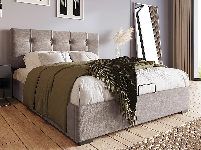 Stauraumbett 90 x 200 cm, gepolstert mit Samt – verstellbares Kopfteil mit Lattenrost – Grau