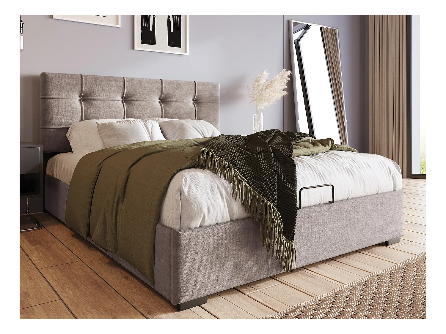 Lit coffre 90x200cm rembourré en velours - tête de lit réglable avec sommier à lattes - Gris