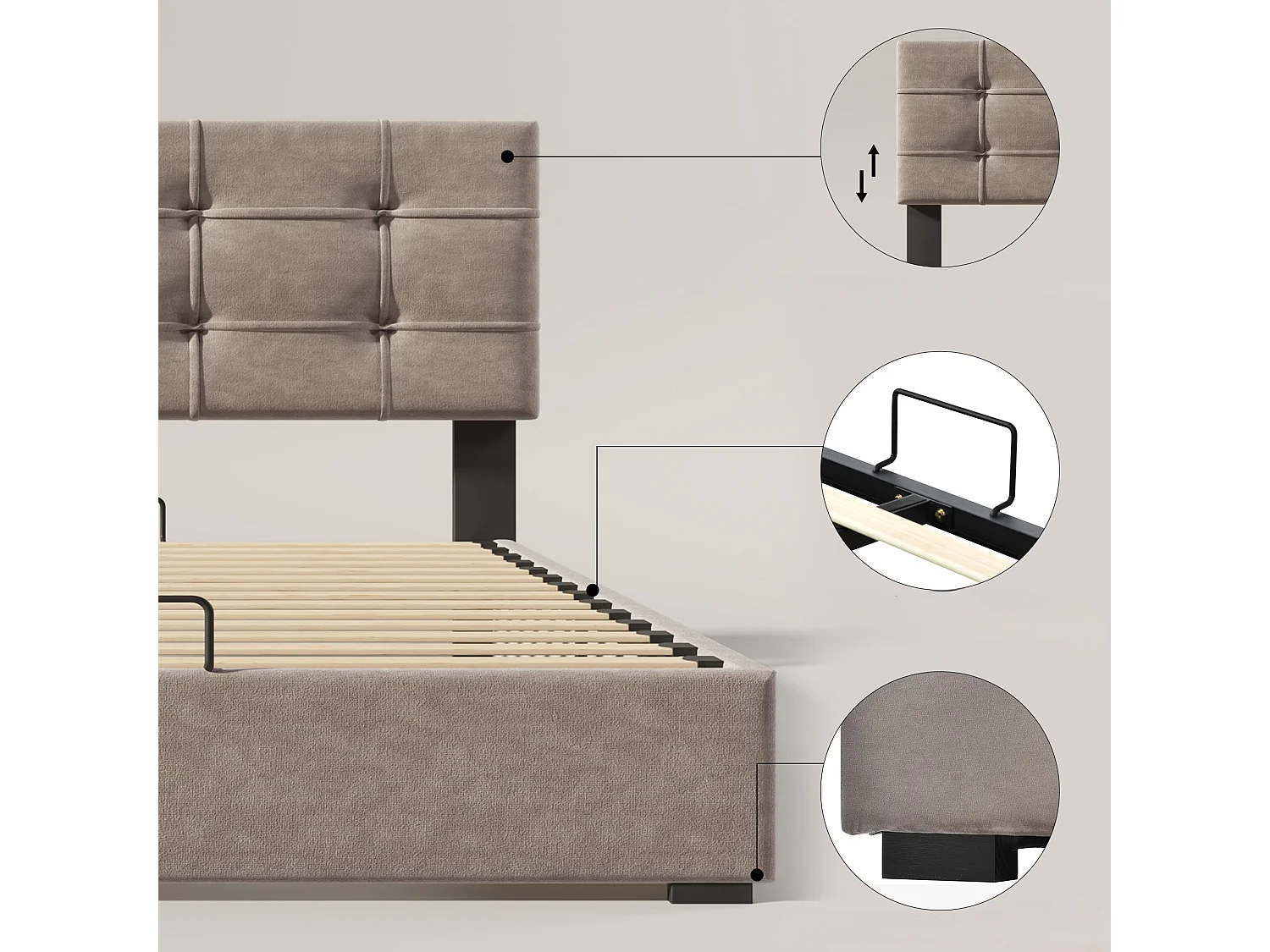 Letto contenitore 90x200cm imbottito in velluto - testiera regolabile con rete a doghe - Grigio