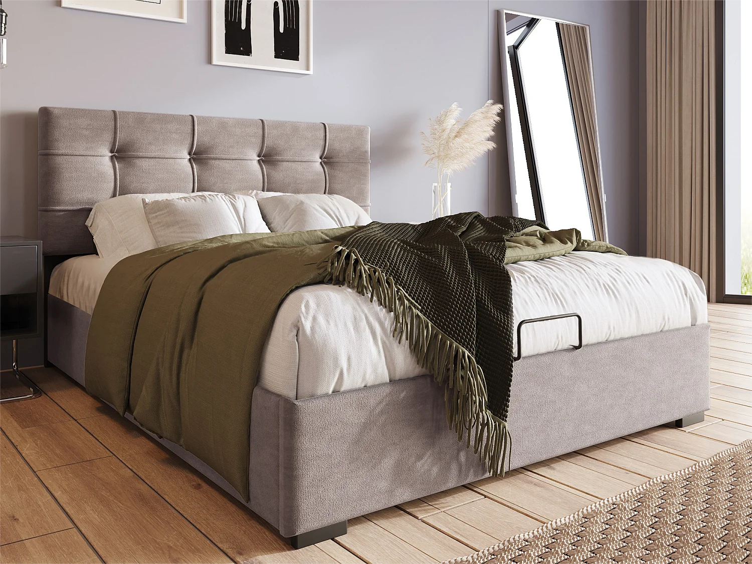 Stauraumbett 90 x 200 cm, gepolstert mit Samt – verstellbares Kopfteil mit Lattenrost – Grau