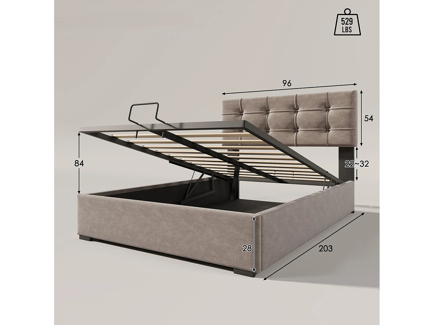 Stauraumbett 90 x 200 cm, gepolstert mit Samt – verstellbares Kopfteil mit Lattenrost – Grau