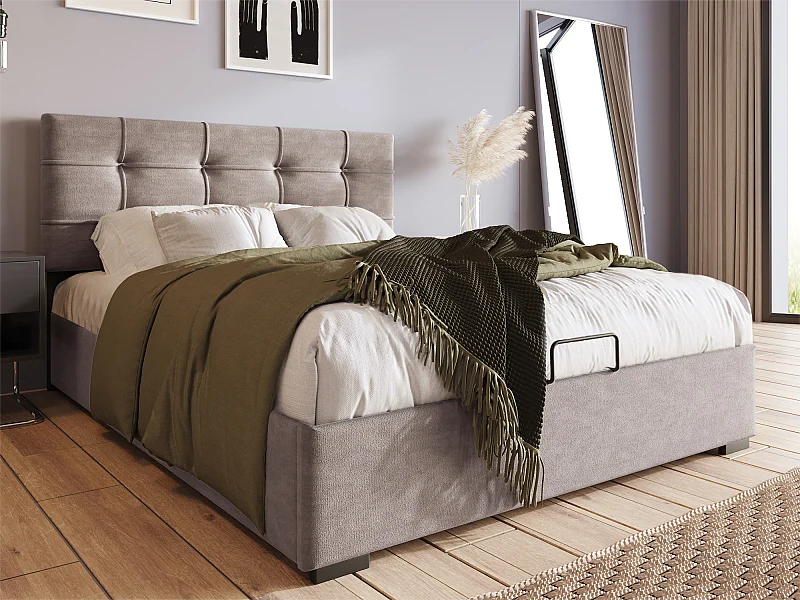 Stauraumbett 90 x 200 cm, gepolstert mit Samt – verstellbares Kopfteil mit Lattenrost – Grau