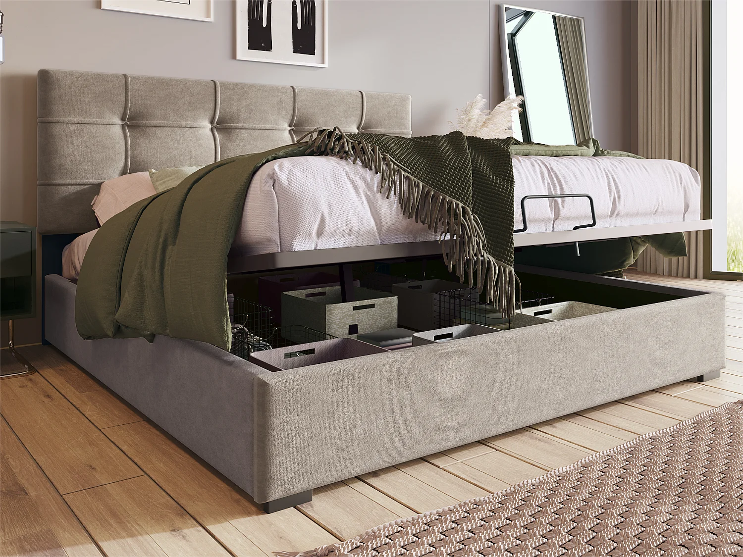 Bett mit Stauraum, 140 x 200 cm, gepolstert mit Samt – verstellbares Kopfteil mit Lattenrost – Grau