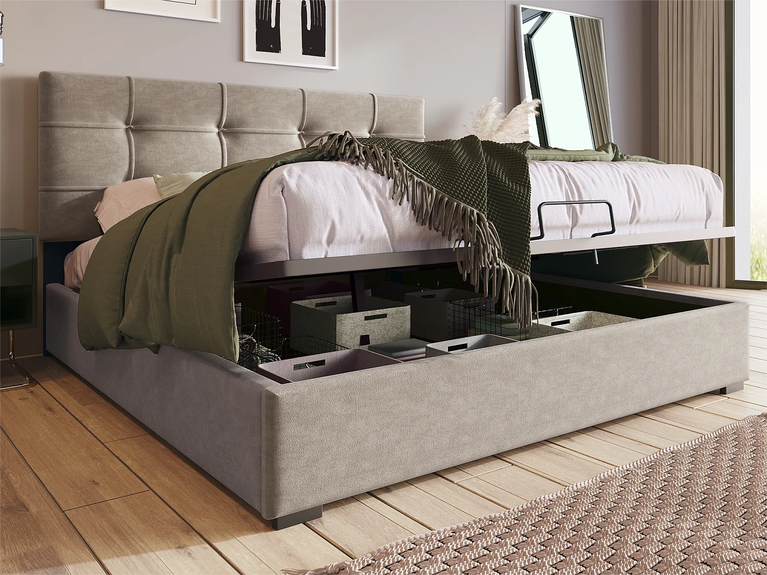 Lit coffre 140x200cm rembourré en velours - tête de lit réglable avec sommier à lattes - Gris