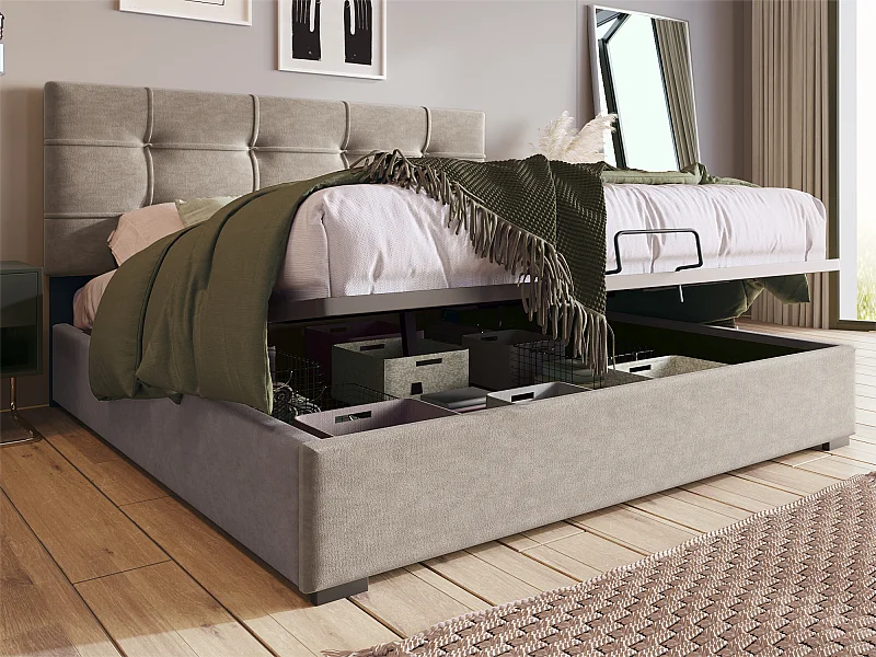 Bett mit Stauraum, 140 x 200 cm, gepolstert mit Samt – verstellbares Kopfteil mit Lattenrost – Grau