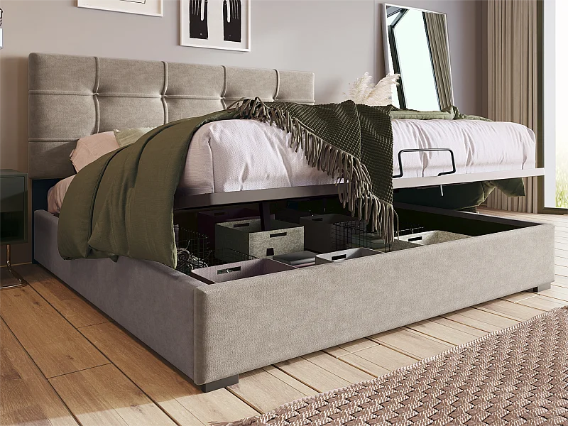 Bett mit Stauraum, 140 x 200 cm, gepolstert mit Samt – verstellbares Kopfteil mit Lattenrost – Grau