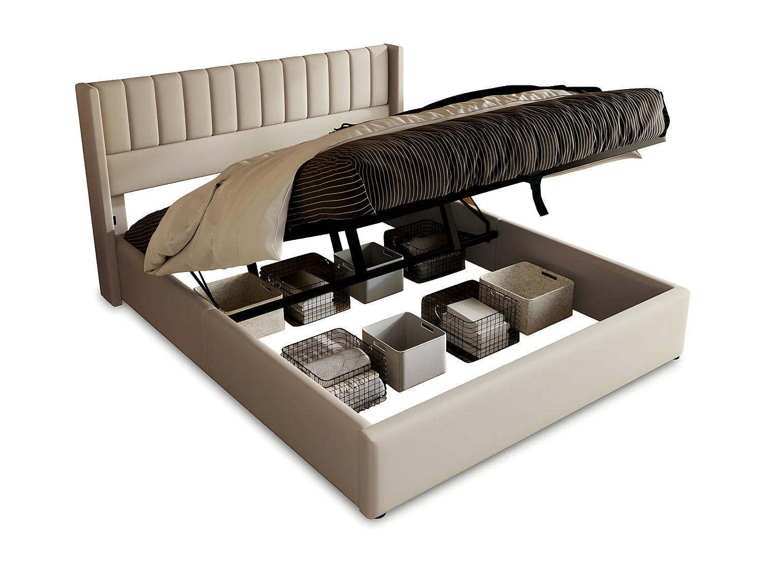 Gestoffeerd opbergbed 180x200cm in linnen met lattenbodem - Beige