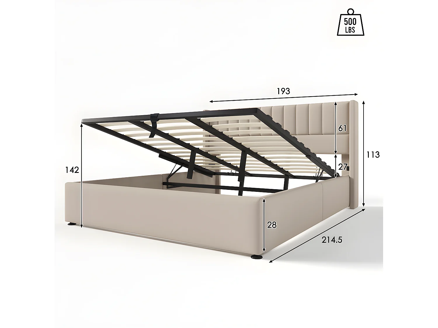 Gestoffeerd opbergbed 180x200cm in linnen met lattenbodem - Beige