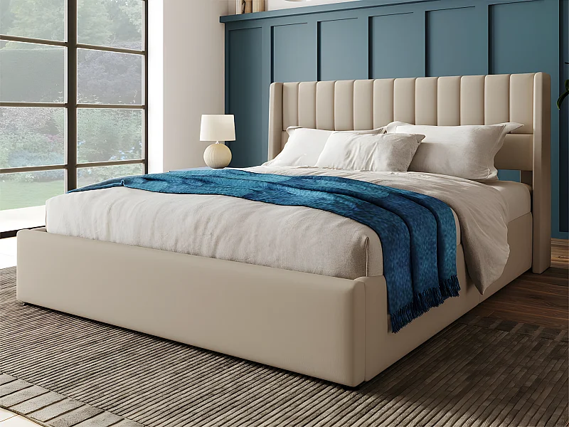 Letto contenitore imbottito 180x200cm in lino con rete a doghe - Beige