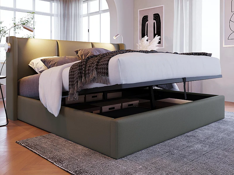 Lit coffre 140x200cm en similicuir - avec lampes de lecture et Ports de charge USB - avec sommier à lattes - Gris