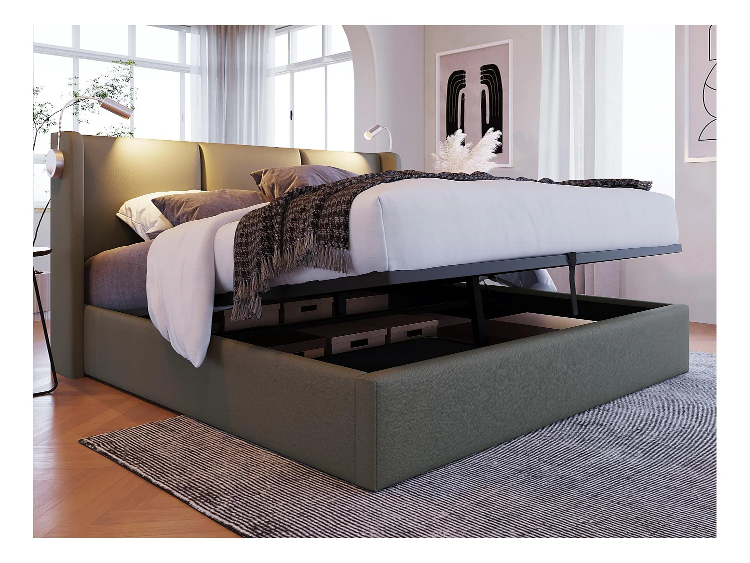 Lit coffre 140x200cm en similicuir - avec lampes de lecture et Ports de charge USB - avec sommier à lattes - Gris