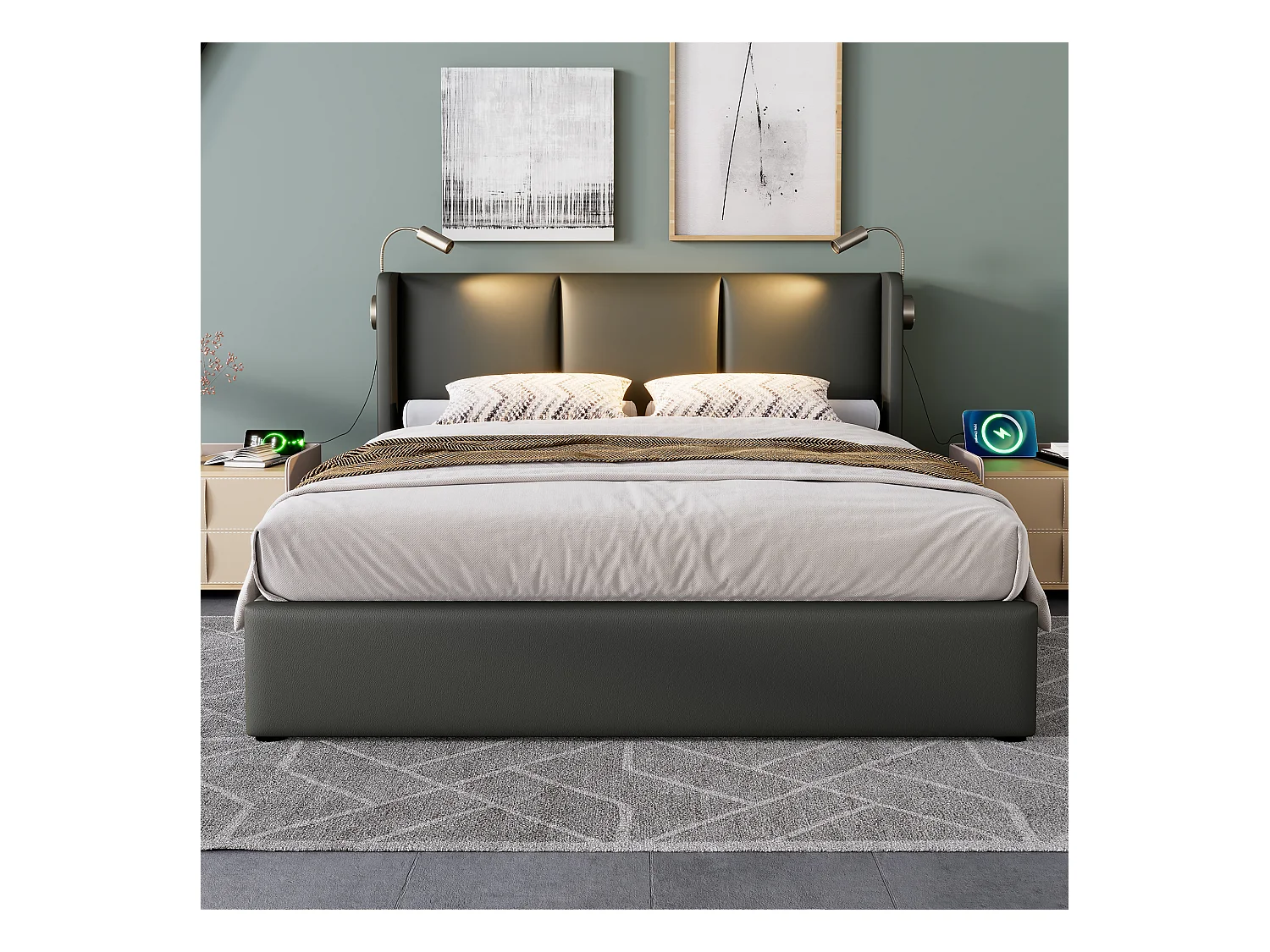 Lit coffre 140x200cm en similicuir - avec lampes de lecture et Ports de charge USB - avec sommier à lattes - Gris