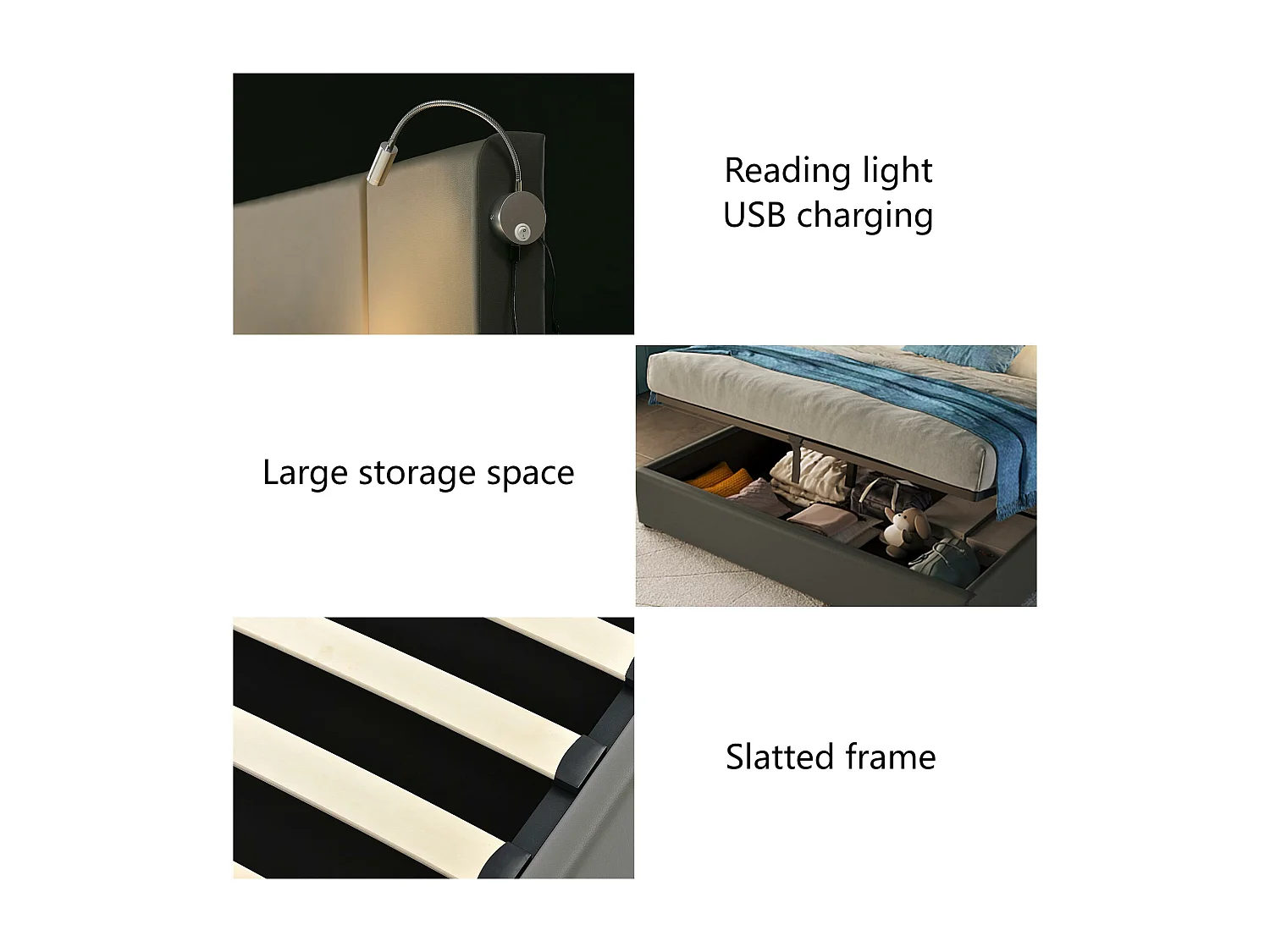 Lit coffre 140x200cm en similicuir - avec lampes de lecture et Ports de charge USB - avec sommier à lattes - Gris