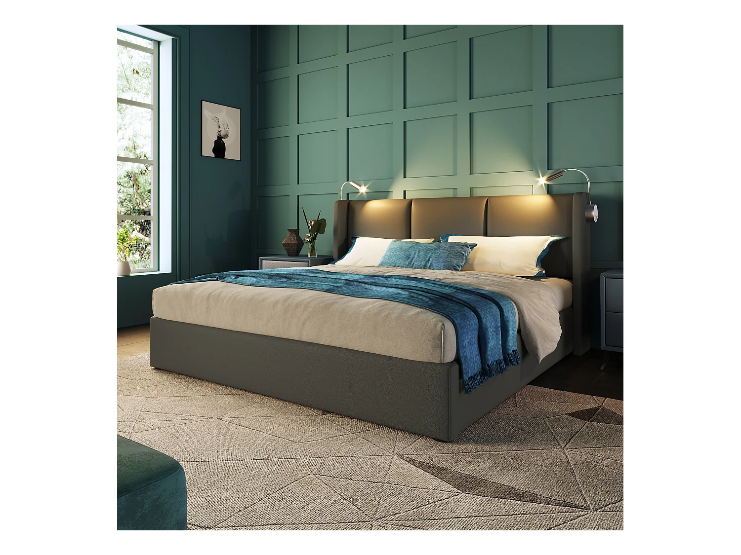 Cama contenedor de piel sintética de 140x200 cm - con luces de lectura y puertos de carga USB - con somier - Gris