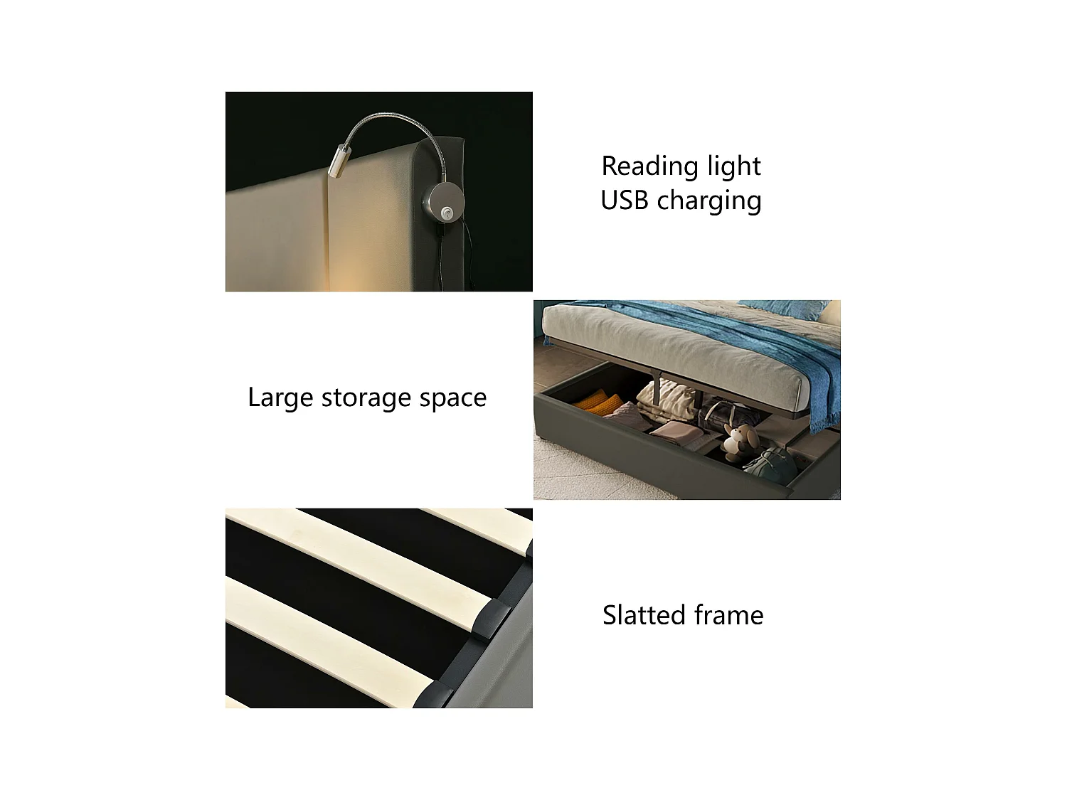 Cama contenedor de piel sintética de 140x200 cm - con luces de lectura y puertos de carga USB - con somier - Gris