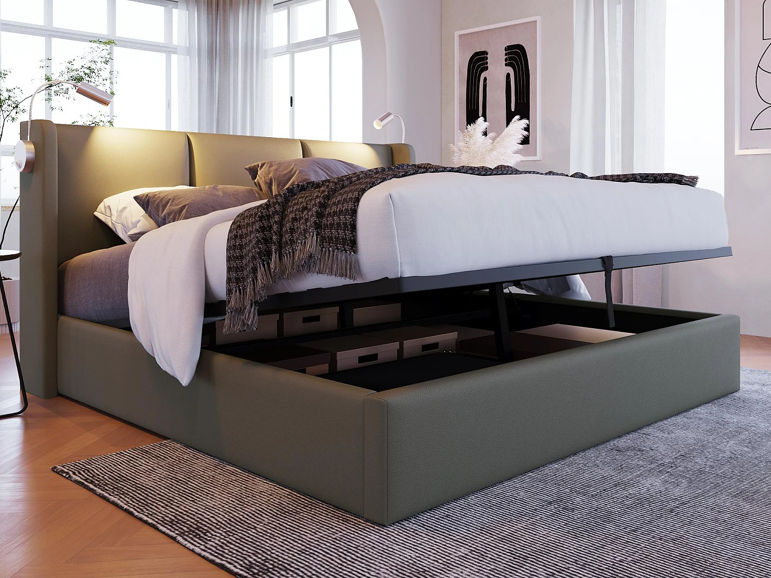 Lit coffre 140x200cm en similicuir - avec lampes de lecture et Ports de charge USB - avec sommier à lattes - Gris