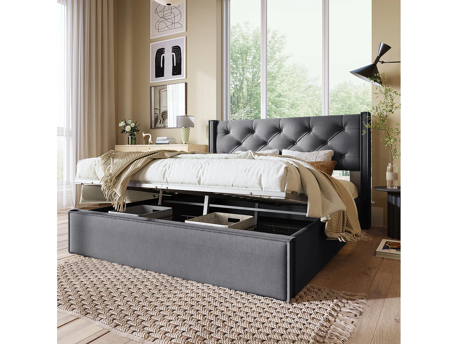 Lit coffre capitonné 140x200cm en tissu coton - avec sommier à lattes - Gris