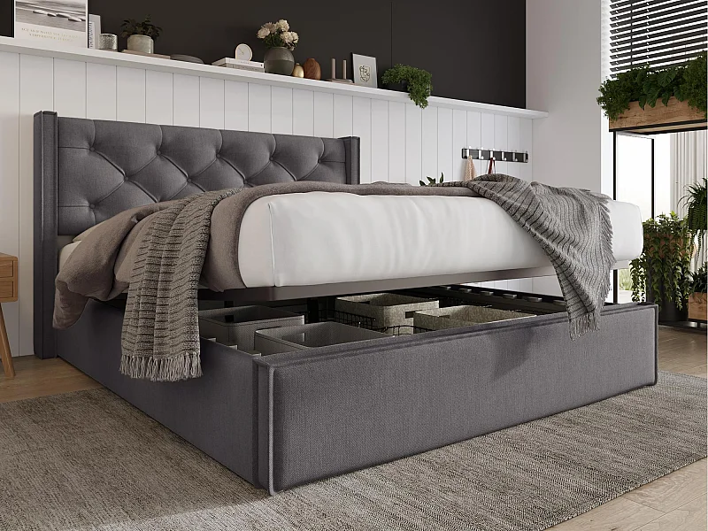 Lit coffre capitonné 140x200cm en tissu coton - avec sommier à lattes - Gris