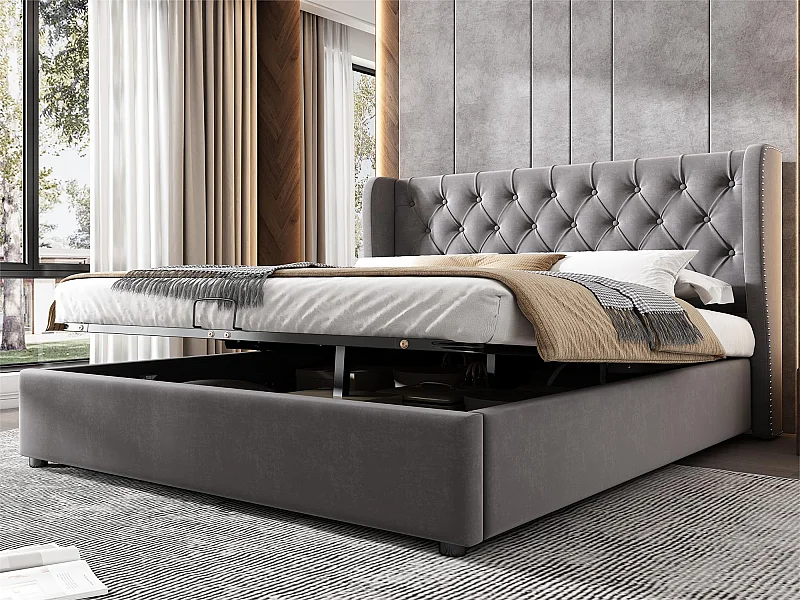 Samtgepolstertes Stauraumbett 140 x 200 cm mit Lattenrost – Grau