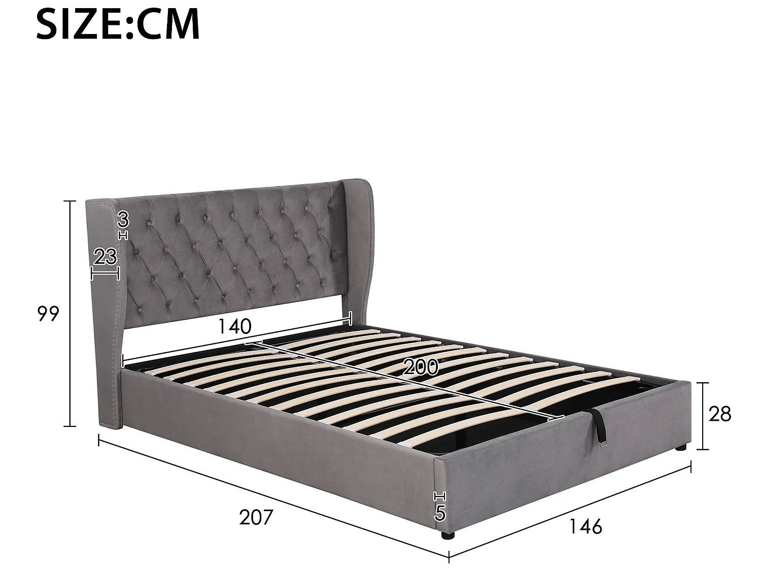 Fluweel gewatteerd opbergbed 140x200cm met lattenbodem - Grijs