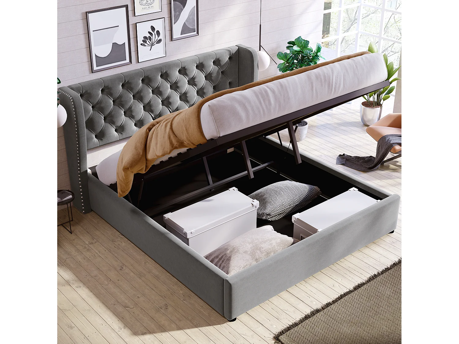 Cama contenedor acolchada de terciopelo 140x200 cm con somier de láminas - Gris