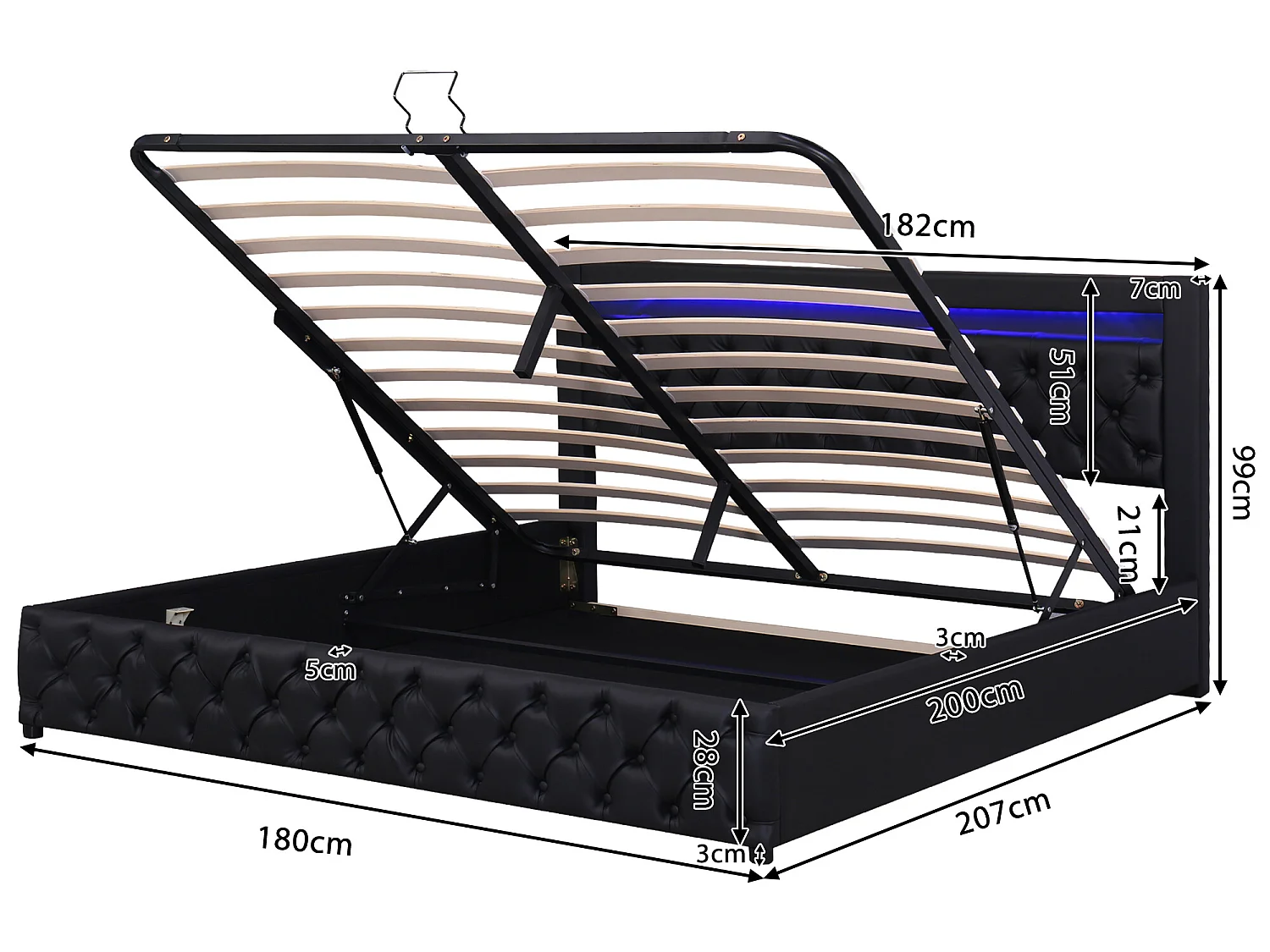 Cama contenedor tapizada de piel sintética con LED - 180x200 cm - con somier - Negro