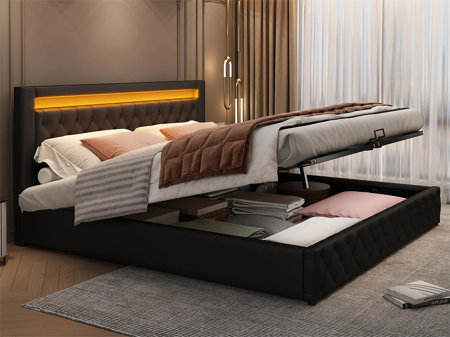 Gepolstertes Stauraumbett aus Kunstleder mit LED – 180 x 200 cm – mit Lattenrost – Schwarz