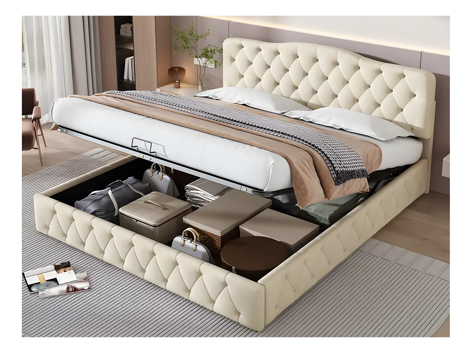 Lit coffre 180x200cm en velours - avec tête de lit réglable - Beige