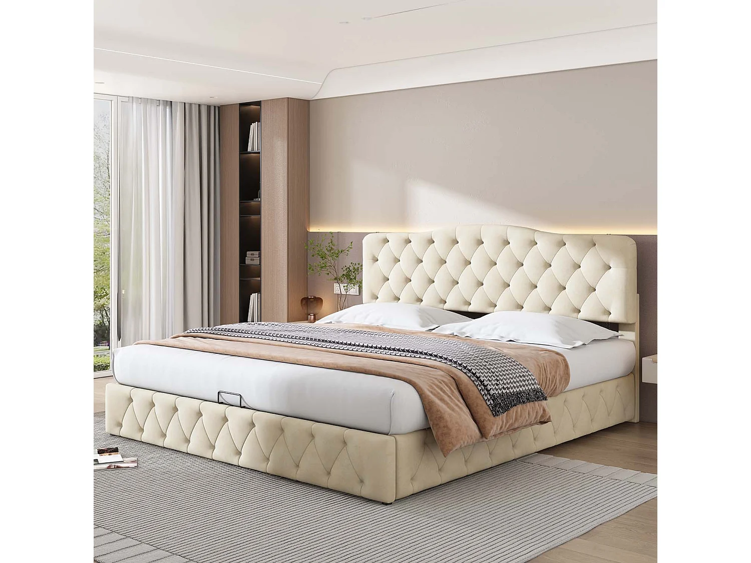 Fluwelen opbergbed 180x200cm - met verstelbaar hoofdeinde - Beige