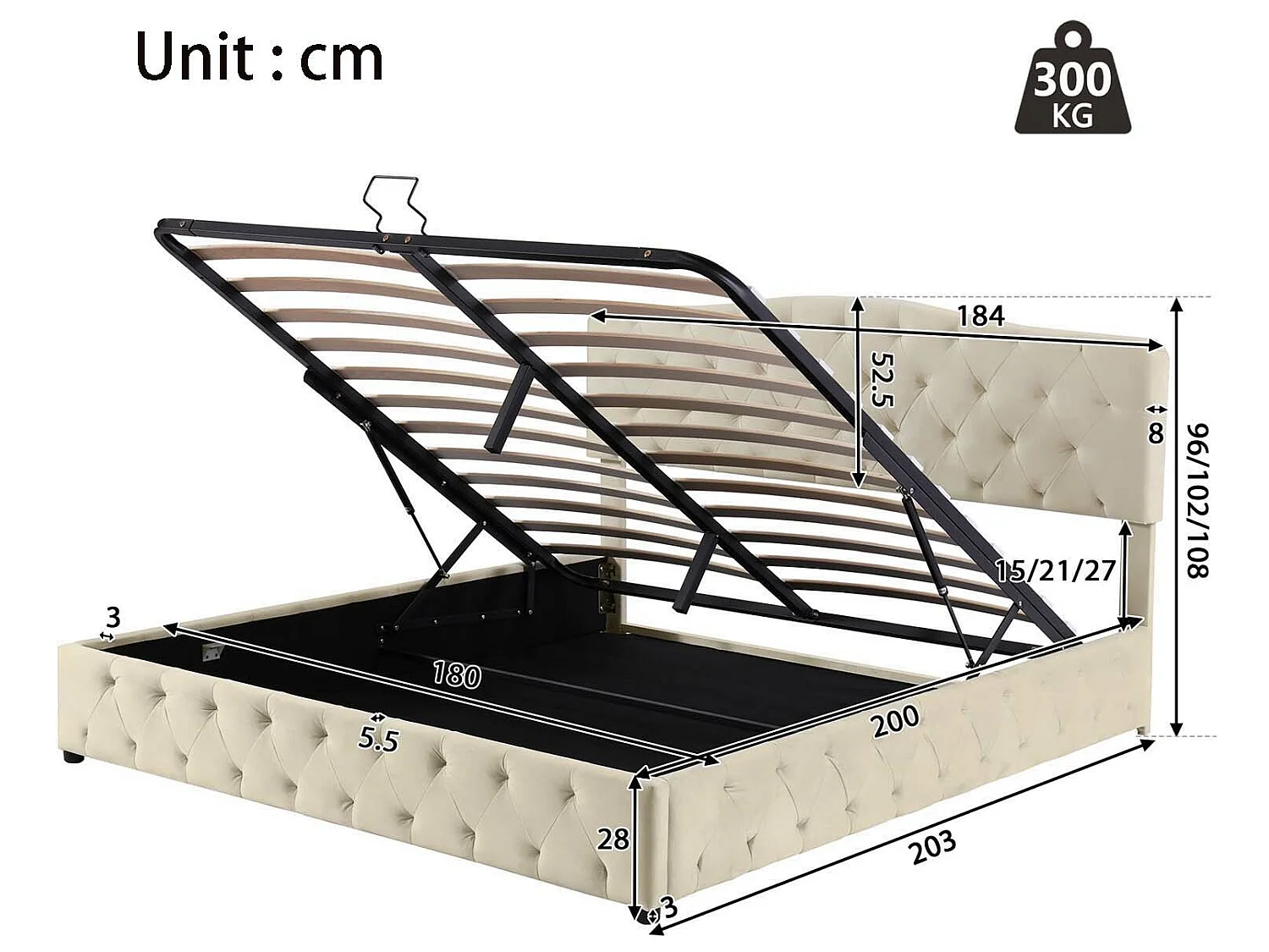 Fluwelen opbergbed 180x200cm - met verstelbaar hoofdeinde - Beige