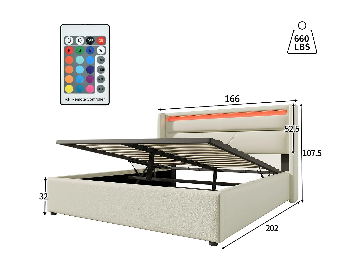 Opbergbed 160x200cm in kunstleer met LED - met lattenbodem - Wit