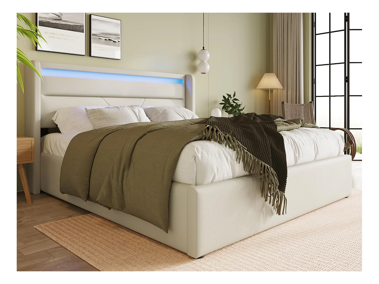 Lit coffre 160x200cm en similicuir avec LED - avec sommier à lattes - Blanc