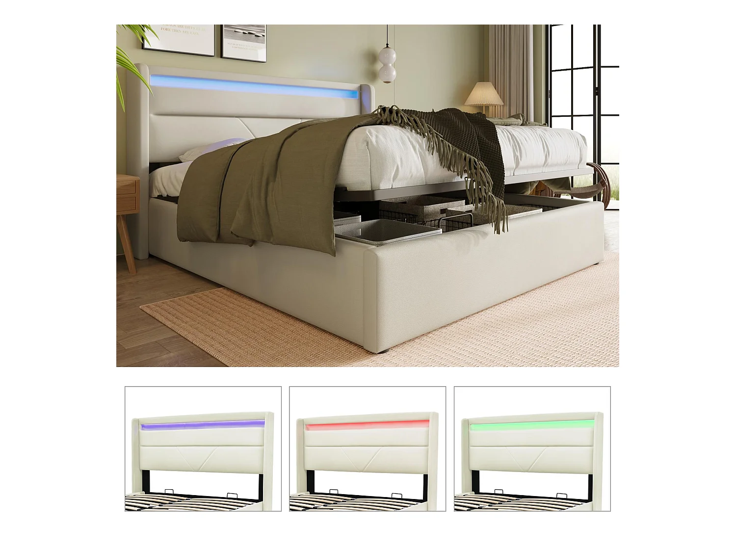 Cama contenedor 160x200cm en símil piel con LED - con somier - Blanco