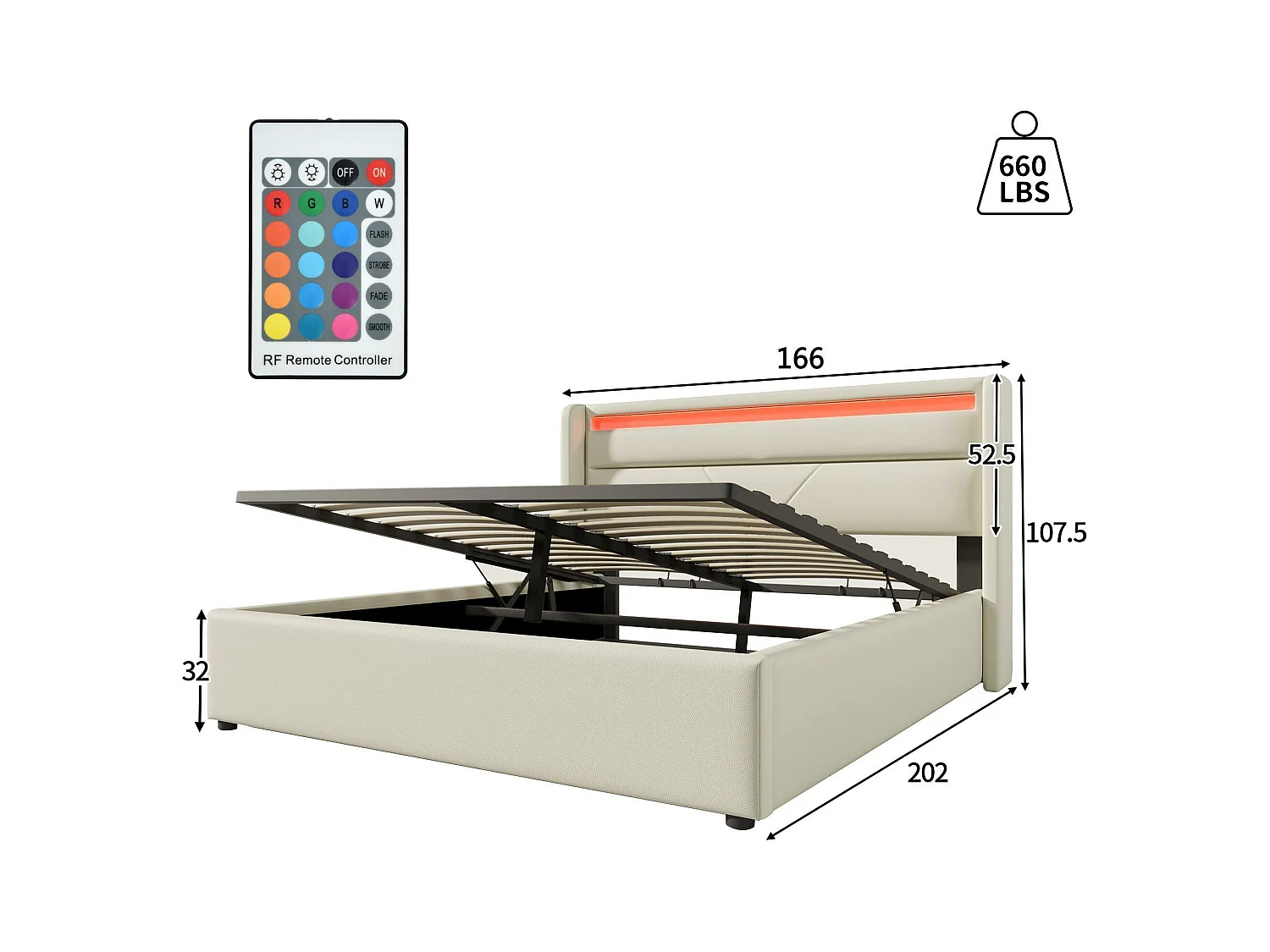Cama contenedor 160x200cm en símil piel con LED - con somier - Blanco
