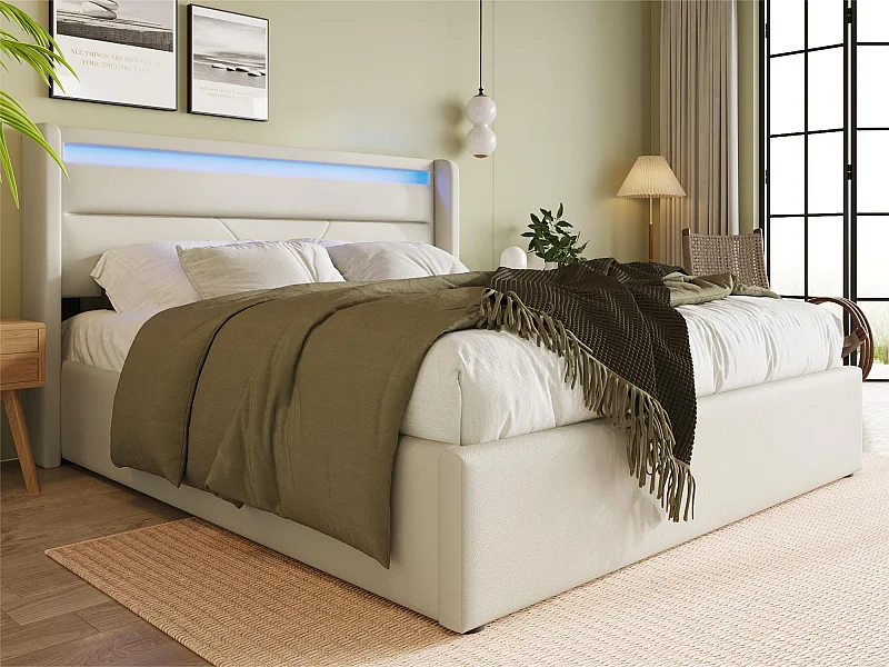 Letto contenitore 160x200cm in similpelle con LED - con rete a doghe - Bianco