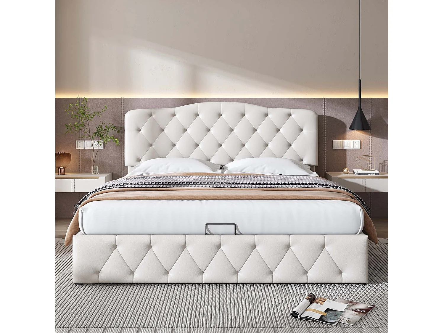 Cama contenedor 140x200 cm en piel sintética - con cabecero ajustable - Blanco