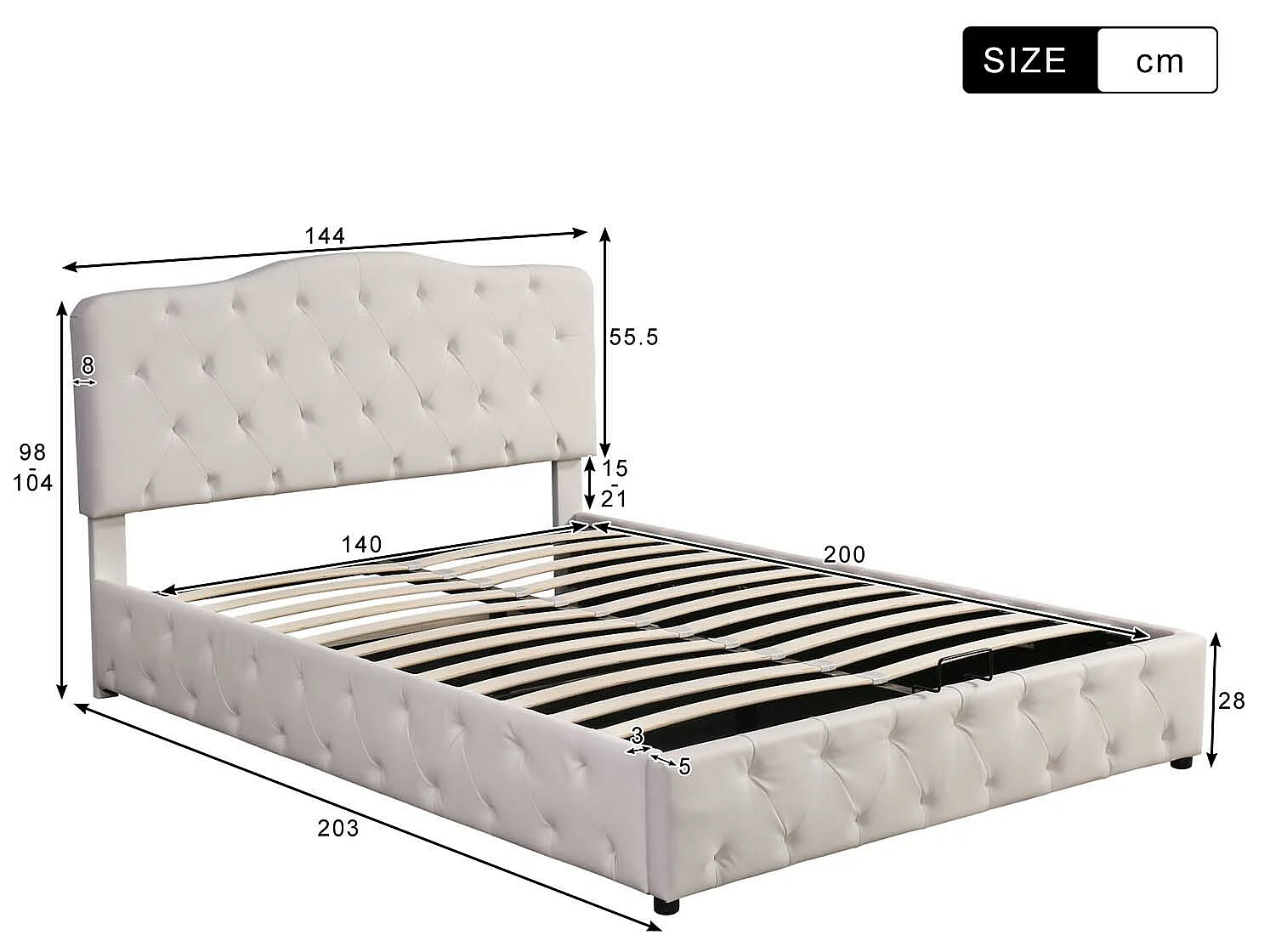Cama contenedor 140x200 cm en piel sintética - con cabecero ajustable - Blanco