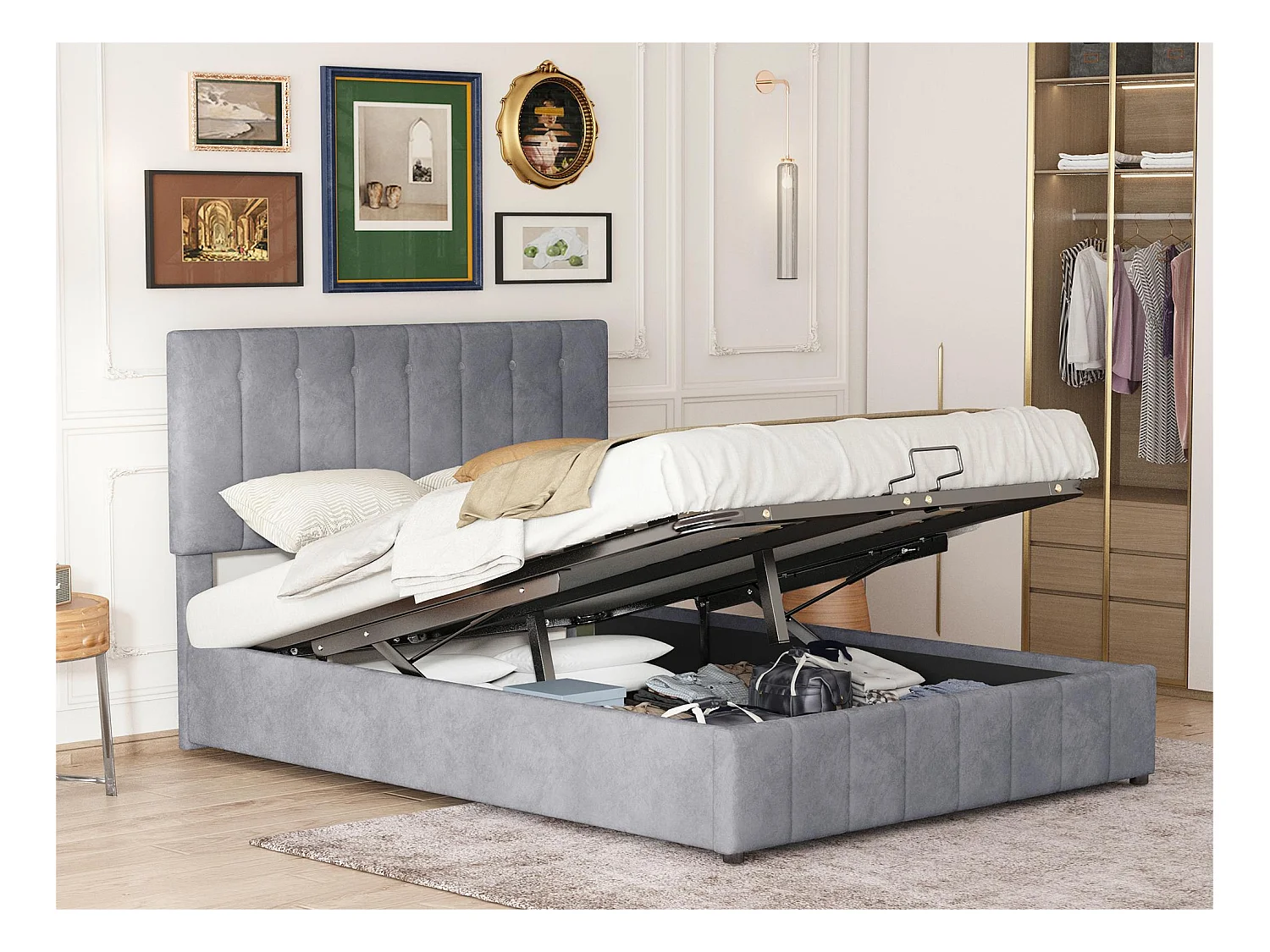 Lit coffre rembourré - 140x200cm - tissu en velours - Gris