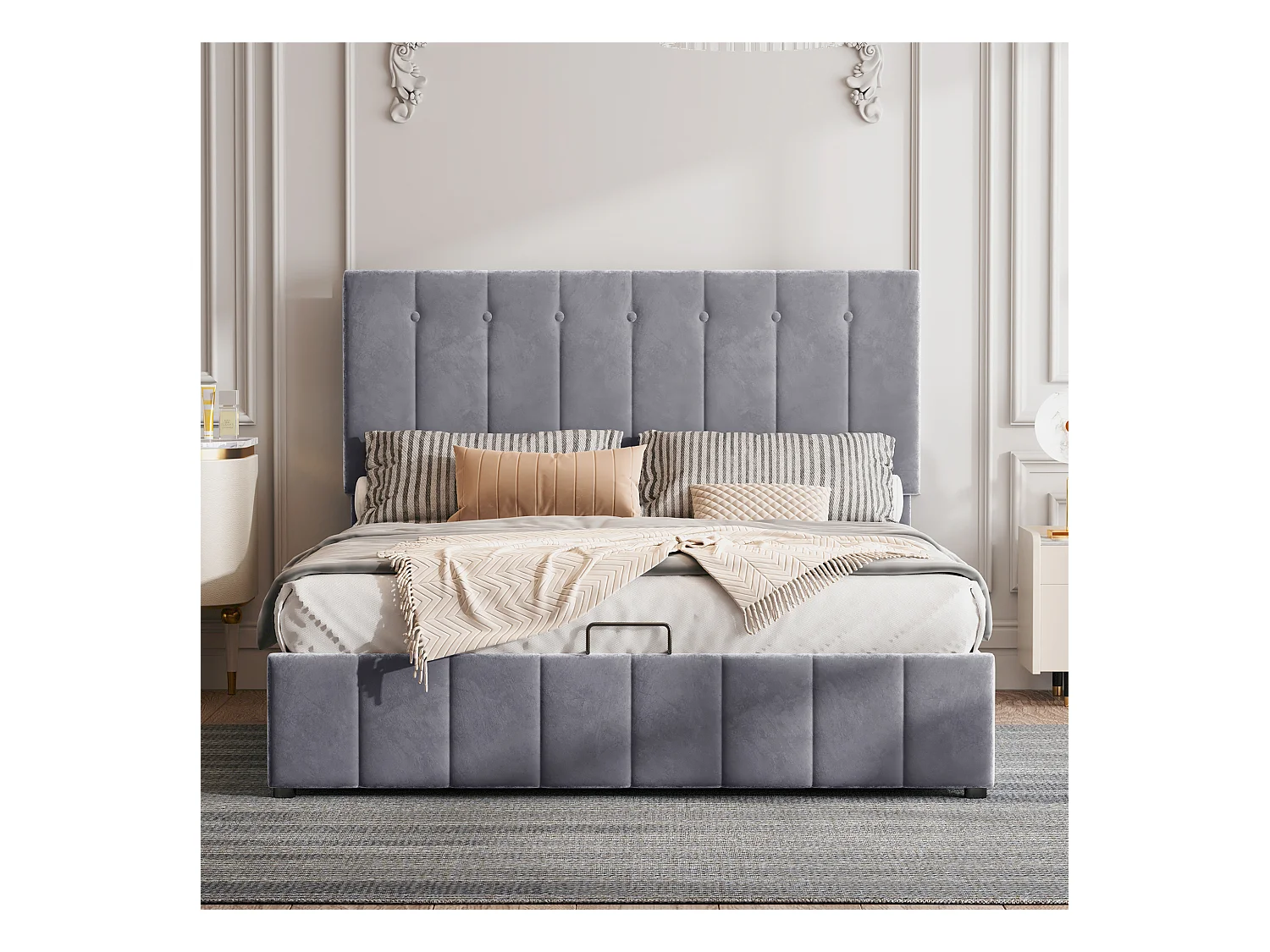 Letto contenitore imbottito - 140x200 cm - tessuto in velluto - Grigio