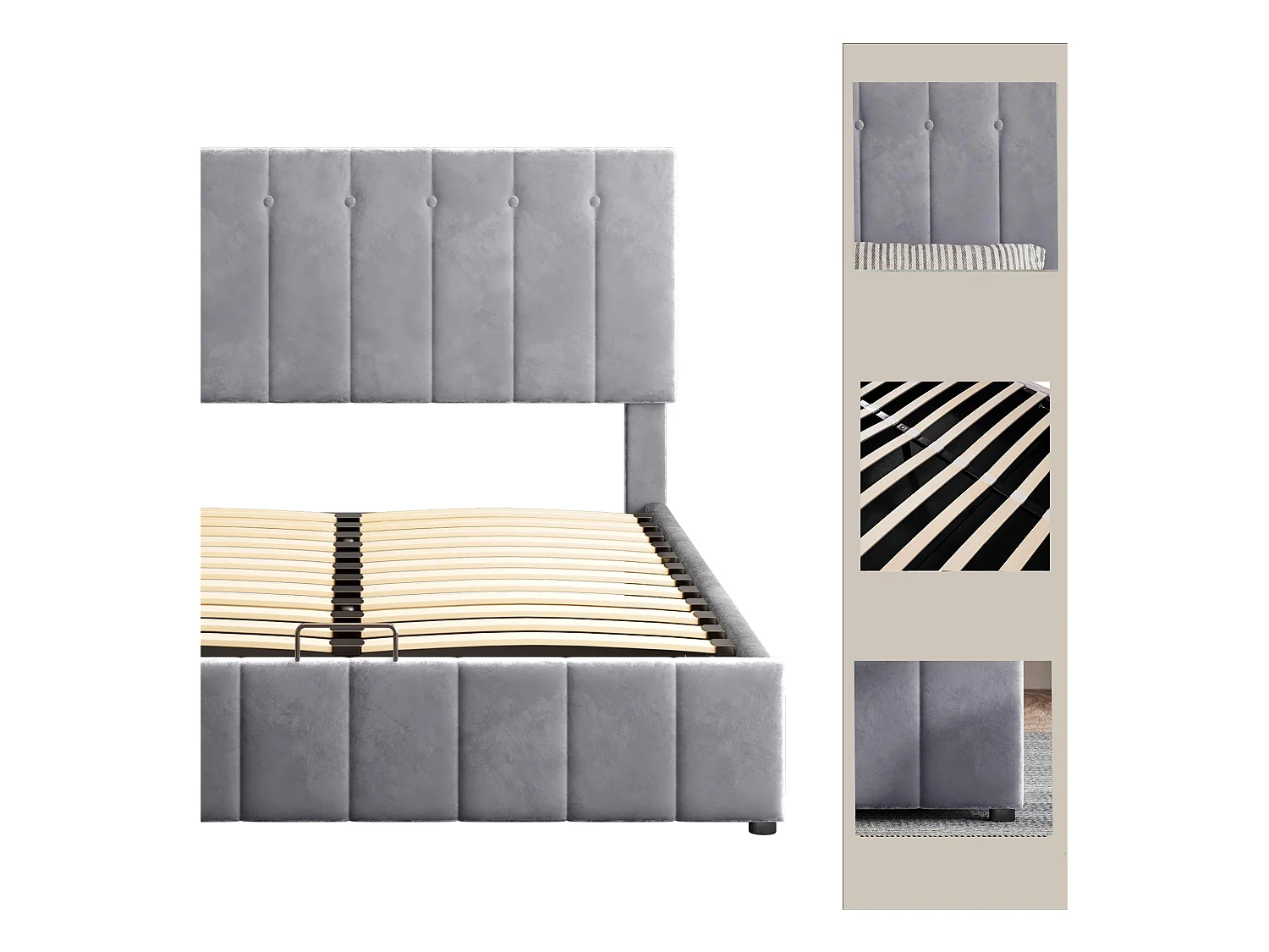 Letto contenitore imbottito - 140x200 cm - tessuto in velluto - Grigio