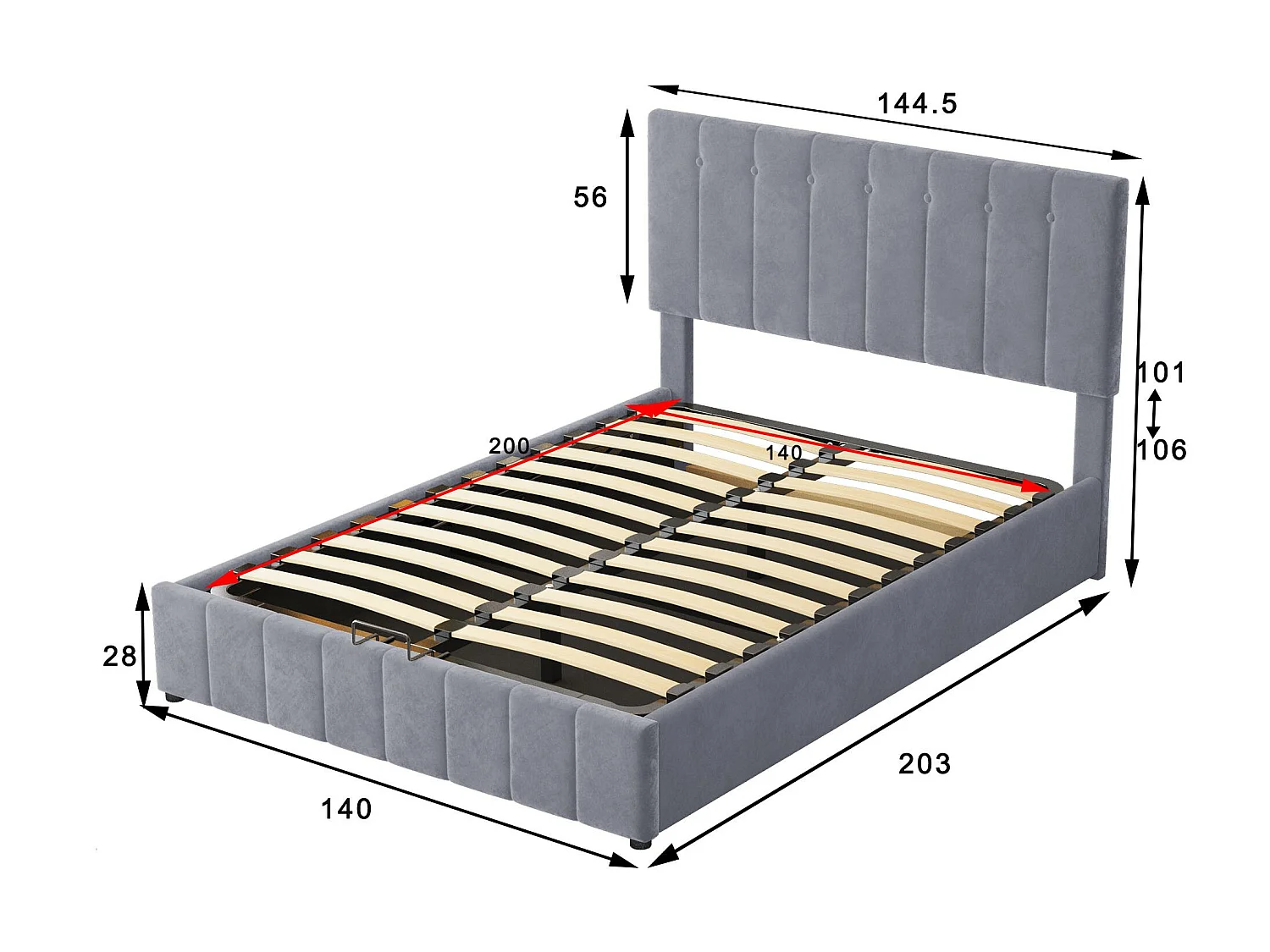 Letto contenitore imbottito - 140x200 cm - tessuto in velluto - Grigio