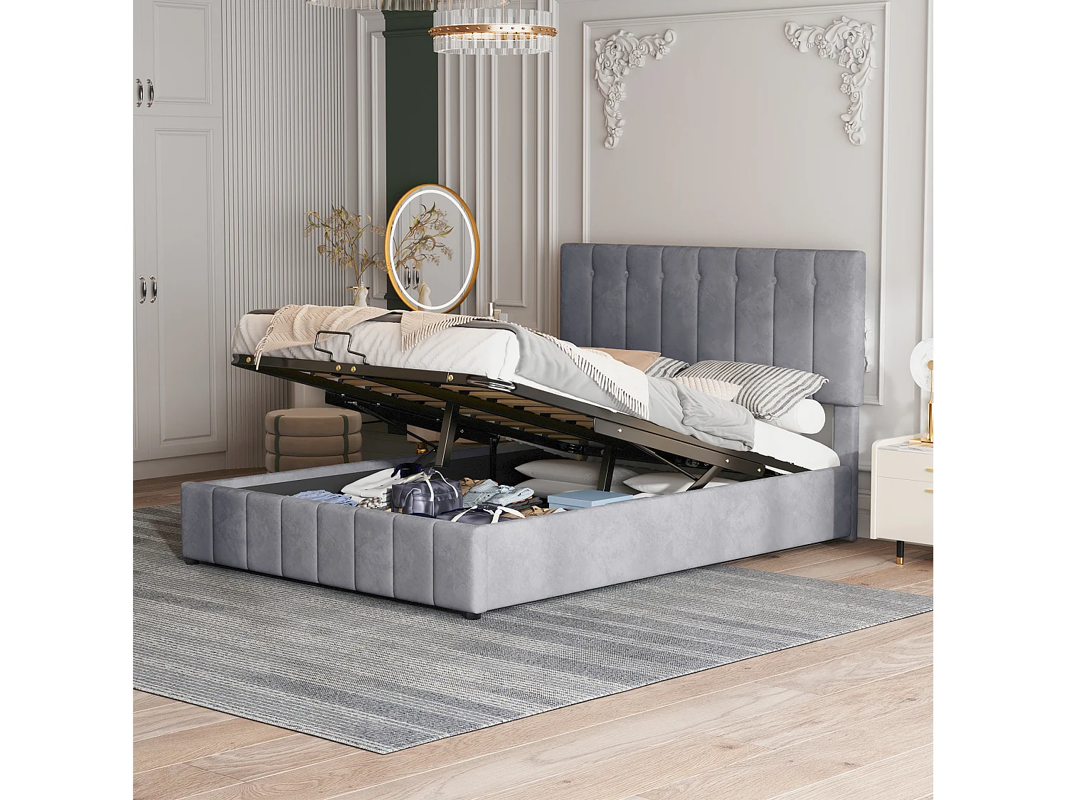 Lit coffre rembourré - 140x200cm - tissu en velours - Gris