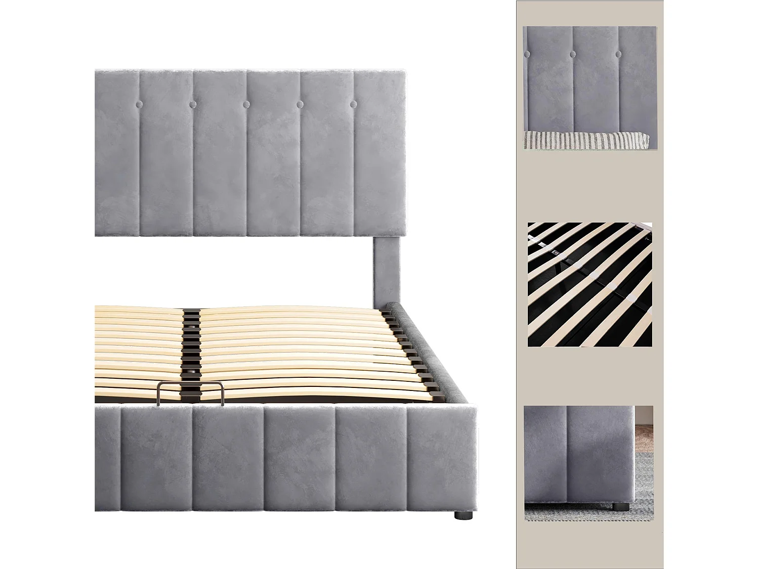 Lit coffre rembourré - 140x200cm - tissu en velours - Gris