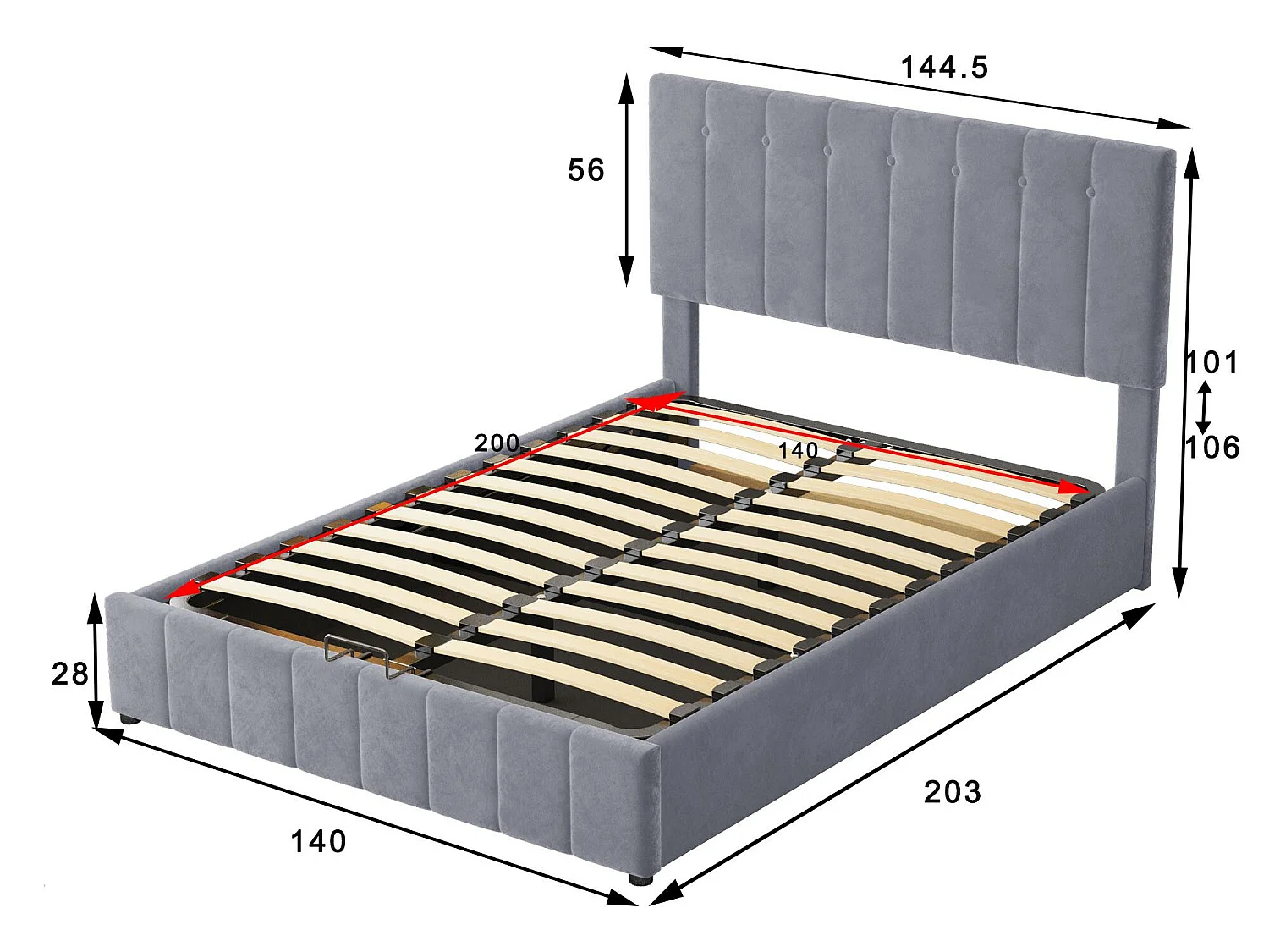 Lit coffre rembourré - 140x200cm - tissu en velours - Gris